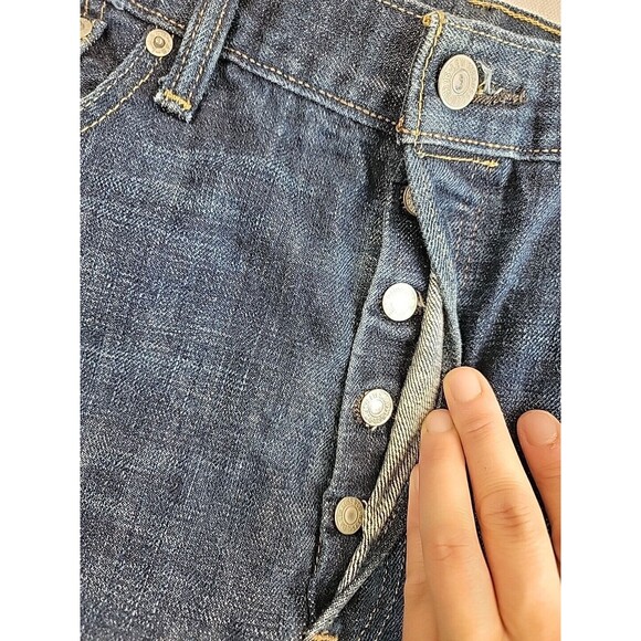 Levis 501 Jeans Mens 36x31 Button Fly Straight Cotton Dark Blue Mid Distressed - Picture 10 of 16